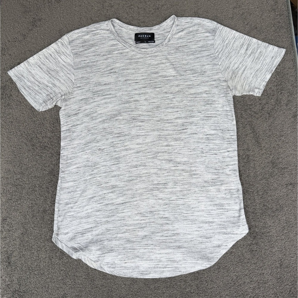 PacSun Mens Space Dye Waffle Knit T-Shirt Grey Longer Fit Curved Hem Large